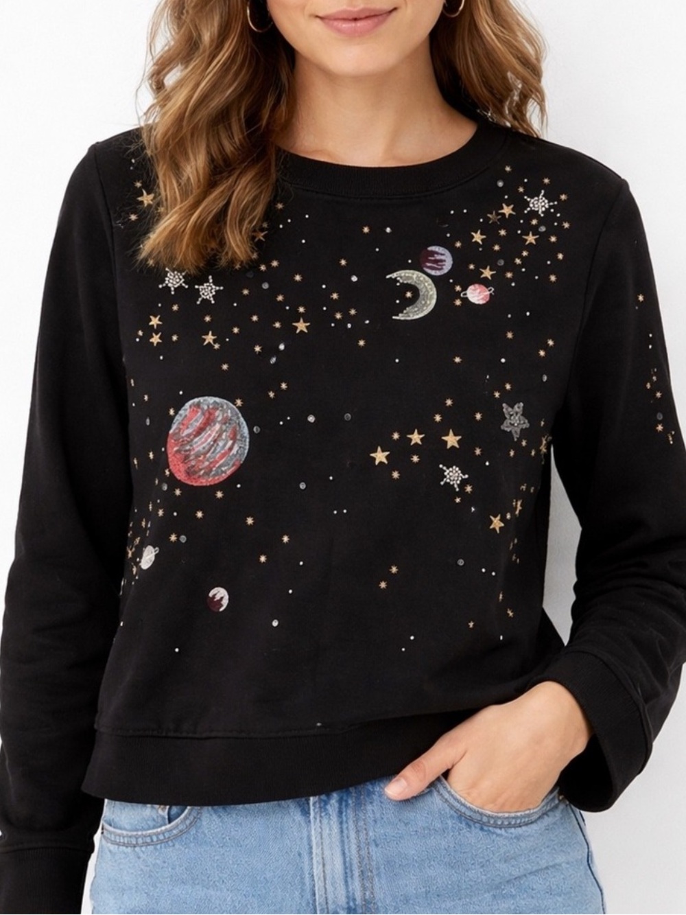 Anthropologie Postmark Stargazer Celestial Embroidered Rhinestone Sweatshirt S